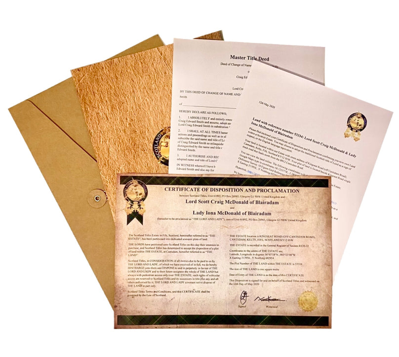 Scottish Title Pack with Land Ownership + Free Tartan Certificate of Royal Stewart Clan Allegiance