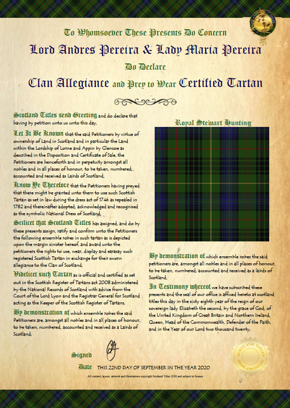 Tartan - Certificate of Royal Stewart Clan Allegiance